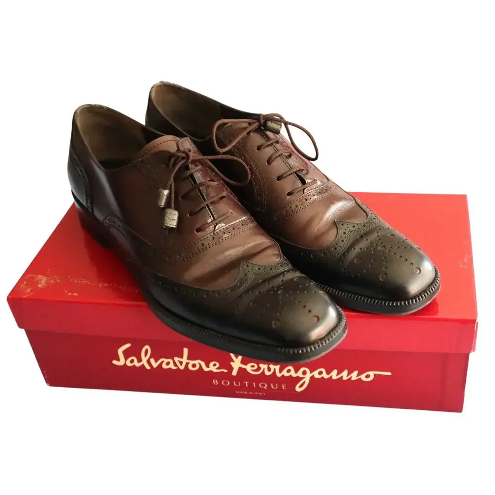 Salvatore Ferragamo Brown Black Leather Oxford Women 9.5 4A Narrow Wingtip AAAA